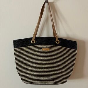AMIANI Chic Striped Black and Tan Shoulder Bag